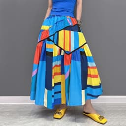 Elastic Waist A-Line New 2023 Summer Korean Style Woman Long Blue Printed Skirt Pockets Loose Fit Casual Holiday Skirt JJSK031