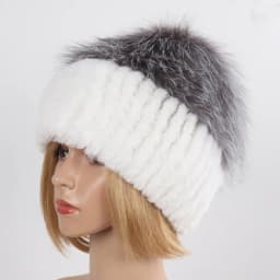Women's Winter Warm Genuine Fur Hat Scarf Set Real Rex Rabbit Fur Cap with Silver Fox Scarves 2-Piece Natural Fashion Accessory
