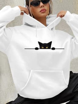 Women's Autumn and Winter Warm Loose Casual Pattern Printed Suede Long Sleeved Hooded Sweatshirt