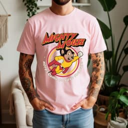2026 Summer Mens Mighty Mouse Graphic Oversize Tee 100% Cotton Classic Cartoon Short Sleeve