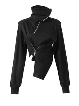 [EAM] Loose Fit Black Zipper Irregular Sweatshirt New Turtleneck Long Sleeve Women Big Size Fashion Spring Autumn 2026 1DE3327