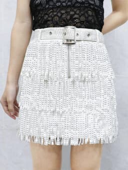 Afashion Tassel Heavy Work Rhinestone Waist Belt Multi Layer Cake Skirt a Line Skirt Half Body Skirt European Style Cotton De