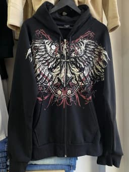 Gothic Wing Graphic Print Black Zip Up Hoodie Vintage Grunge Cross Pattern Oversized Soft Streetwear Y2K Punk for Men Daily Wear