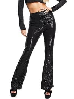 Women Sequin Pants Spring Autumn Flared Pants High Waist Bodycon Bell-Bottom Trousers