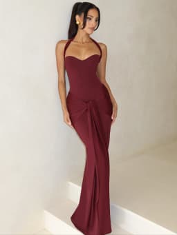 Dulzura Women'S Sexy Backless Ruched Lace Up Halter Long Dress Solid Elegant Slim Fit Evening Dress Birthday Party Prom Clothes