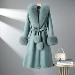 2023 New Rabbit Fur One Piece Coat for Women Mid length Fox Fur Collar Lace up Slim Fit Haining Fur Coat for Women