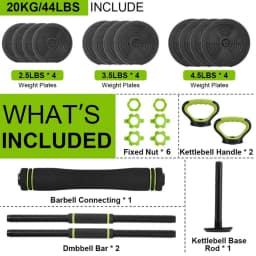 Adjustable Dumbbell Set 44 LBS PVC Coated, 4-in-1 Polygon Iron & Sand Filled Weights with Hollow Iron Rod 50cm & 8 Connectors, Convertible to Barbell Kettlebell, Home Gym Equipment