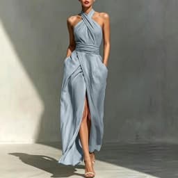 Chic Solid Front Split Boho Long Dress Woman Spring Sexy Off Shoulder Halter Party Dress Summer Sleeveless High Waist Maxi Dress