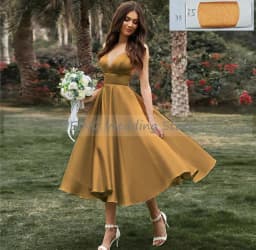 Customized Short Wedding Dress Spaghetti Straps V Neck Sexy Wedding Gowns Satin A Line Tea Length Simple Bridal Dresses Midi