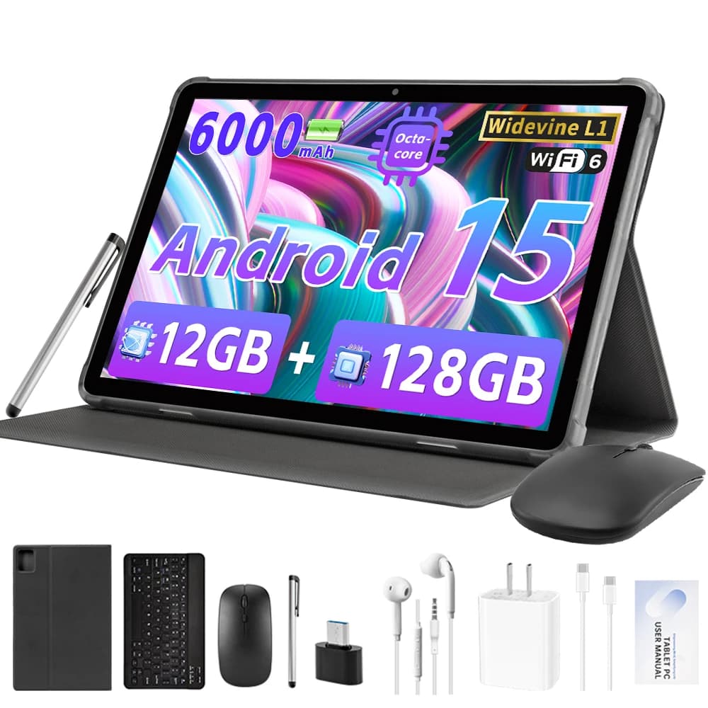 Android 15 Tablet, 2025 10.1inch Android Tablets with Keyboard, 12GB+128GB+1TB Expand, Support 18W Fast Charging 8-Core 6000mAh
