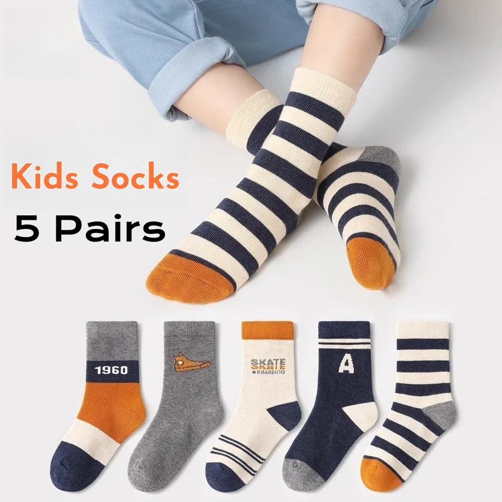 5 Pairs Kids' Socks Spring Autumn Cotton Socks Soft Breathable Crew Socks Little Big Boys Crew Sock