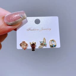 4pcs/set Mix and Match Sweet Cartoon Stud Earrings for Women Girls Multicolor Cubic Zircon Jewelry