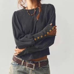 Women Autumn Winter Waffle Knit Sweatshirt Solid Long Sleeve Button Cuff Cropped Top Vintage Loose Casual Warm Pullover Blouse