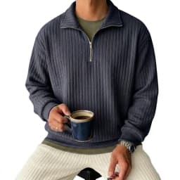 Men's Half Zip Striped Sweatshirt Casual Lapel Ribbed Polo Collar Pullover Tops Long Sleeve Knit Hooded for Man Lapel Coats