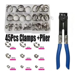 304 Stainless Steel Single Ear Stepless Hose Clamps Assortment Kit Water Pipe Sealing Clips with 1PC Professional Clamp Pliers