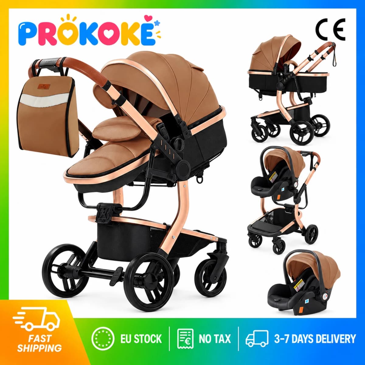 3 in 1 Baby Stroller Travel System with Car Seat for Newborn Toddler Reversible Foldable Pushchair Carrycot Aluminium Frame EVA Wheels PU Leather Handle High Landscape Pram with Canopy Foot Cover Storage Basket Up to 20kg