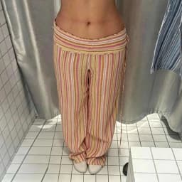Casual Contrast Striped Women's Pants Wave Cut Elastic Waist Female Wide Leg Trousers 2026 Autumn Lady Vintage Chic Pant