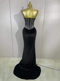 Luxury Sparkly Rhinestones Mesh Sexy Split Velvet Long Dress With Gloves Birthday Celebrate Wedding Gown Stage Photo Shoot Wear