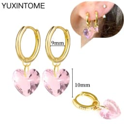 925 Sterling Silver Needle Pink Crystal Heart Hoop Earrings for Women Fashion Geometric Pendant Earrings Luxury Jewelry Gifts