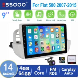ESSGOO 2 DIN For Fiat 500 2007-2015 White 9" Apple Carplay Android auto Car Stereo Radio GPS WIFI SWC BT Mirror Link Android 14
