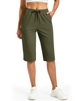 TACVASEN Womens Quick Dry Hiking Capris 4-Way Stretch Knee Length Pants Elastic Drawstring Waist Split Hem Cropped Trousers