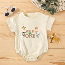 Wild One Animal Printed Short Sleeve Bubble Romper Newborn Oversized Jumpsuit Infant Birthday Party Clothes Baby Shower Bodysuit