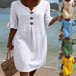 V-neck Button Solid Color Casual New Beach Vacation Style Versatile Dress For Women's A-line Lace Short Sleeved Patchwork Skirt