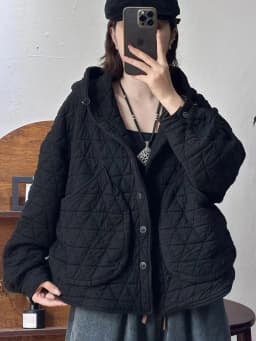 Fashionable Diamond Pattern Loose Hooded Jacket Women's Large Pocket Casual Cotton Coat Trendy Autumn Winter New Style