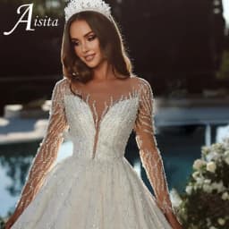 Luxury Wedding Dress A-Line With Bead Lace Sequins Ball Gown Full Sleeves O-Neck Bride Dress Vestido De Novia Customized