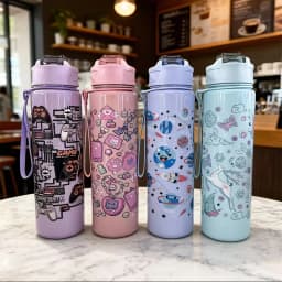 750ml Cute Cartoon Pattern Plastic Water Cup, Large Capacity, Portable, Leak-Proof, with Carrying Strap and Straw, for Travel