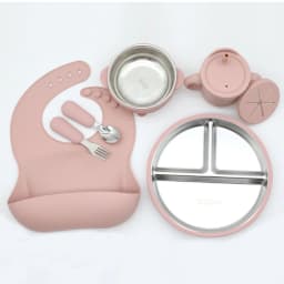 Silicone Stainless Steel Tableware 7-Piece Set, Bib, Plate, Bowl, Stainless Steel Spoon, Fork, Multifunctional Water Cup Set