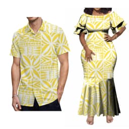 Support Custom Women'S Crew-Neck Dress Midi Party Fishtail Long Dress Polynesian Samoan Couple Suit Matching Men'S Aloha Shirt