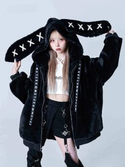 Trendy Womens Black Cute Bunny Ear Collar Zip Up Jacket Y2K Kawaii Oversized Plush Coat Street Style Plush Bunny Ear Warm Coat