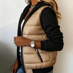 Women's Color Block Hooded Puffer Jacket -Quilted Zip Up Coat with Contrast Sweatshirt Sleeves, Casual Lightweight Winter Outer