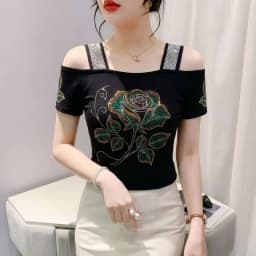 New Designer Hot Diamond Mesh T-Shirt Women Korean Style Sexy Off Shoulder Slim Tee Summer Casual Streetwear Tops