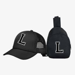 2pcs Kids' 26 letter printed pattern truck hat+chest bag set, stylish casual sunhat, portable storage purse, suitable for daily