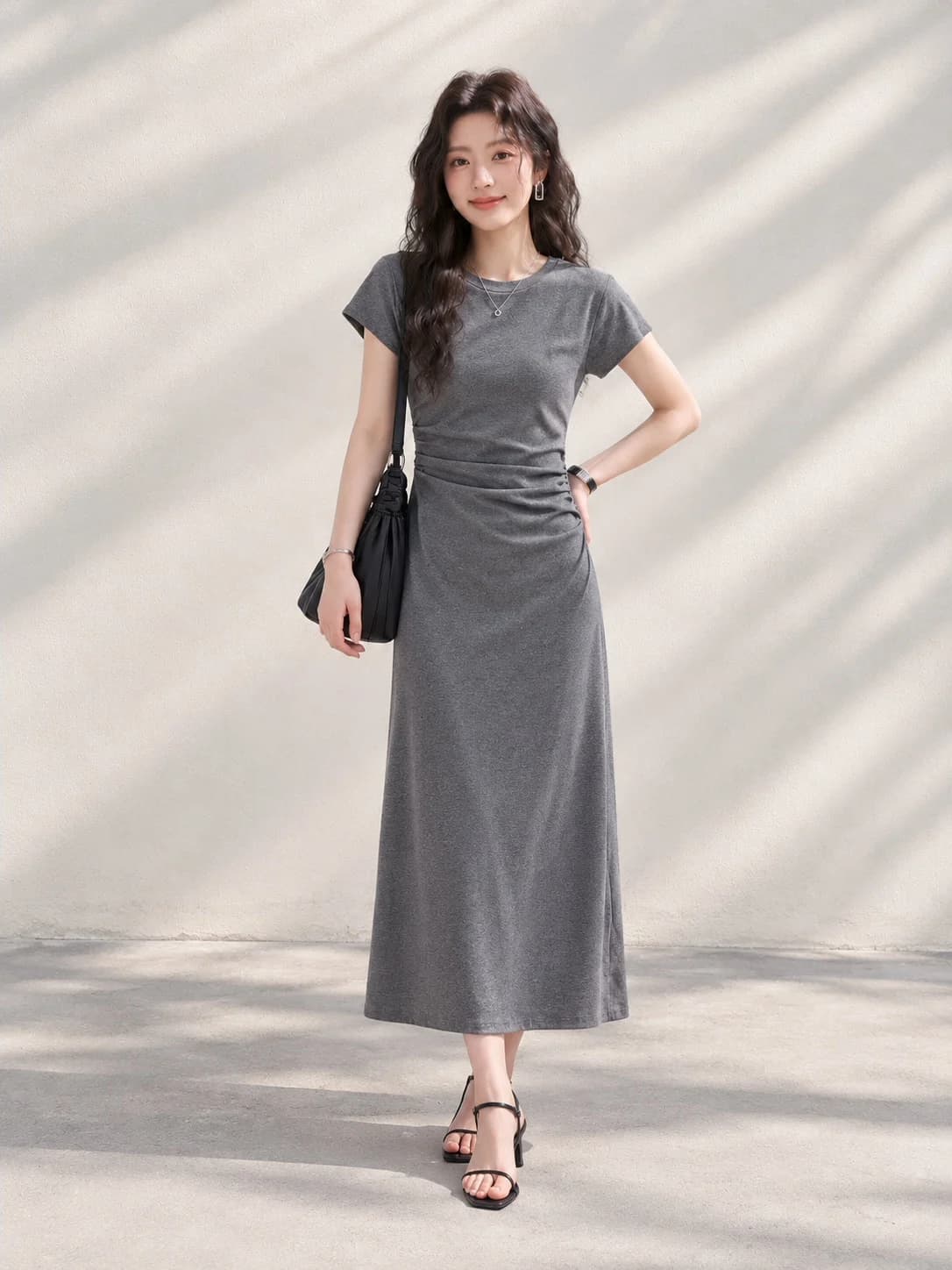 Slim Fit A-Line Midi Dress Women's Short Sleeve T-Shirt Dress High Waist Pleated Spring Summer Autumn Commute Style Casual Dress