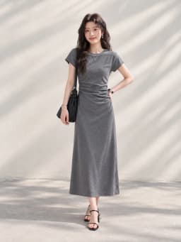 Slim Fit A-Line Midi Dress Women's Short Sleeve T-Shirt Dress High Waist Pleated Spring Summer Autumn Commute Style Casual Dress