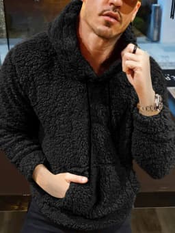 Autumn And Winter Men's Teddy Plush Drawstring Hooded Long-sleeved Sweater Jacket
