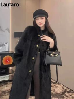 Lautaro Autumn Winter Long Thick Warm Hairy Soft Faux Fox Fur Coat Women Stand Collar Elegant Luxury Chic Fluffy Jacket 2024