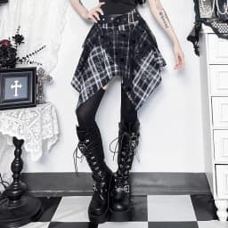 Goth Dark Punk Gothic Grunge Irregular Lace Hem Mini Skirts Women Mall Goth Plaid Pleated Skirt Belt Y2K Alt Streetwear Bottoms