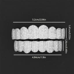 Silver Plated Full Iced Out CZ Zircon Teeth Grillz Top & Bottom Hip Hop Mouth Grills with Silicone Molds for Rapper Cosplay