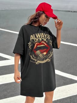 Ladies' Spring and Summer Casual Loose Plus Size Bee Bow Pattern Printed Round Neck Short Sleeved T-Shirt Dress
