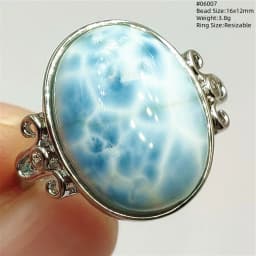 Natural Blue Larimar Adjustable Ring 925 Sterling Silver Larimar Gemstone Women Men Water Pattern AAAAA