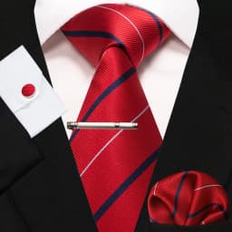 KAMBERFT New Classic Silk Men's Tie Red Gold Striped Men's Tie Handkerchief Cufflinks Set Wedding Business Party Gravatas