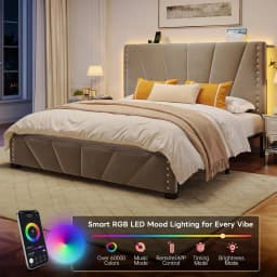 Queen Bed Frame with LED Lights & USB, Noise-Free, Grey | Adjustable Velvet Headboard,Under-Bed Storage,Heavy Duty, Customized