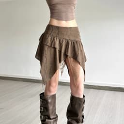 SylCue Mesh Patchwork Mini Skirts Women Elastic Waist Irregular Ruched Ruffles High Street Style Casual Elegant Classic Bottoms