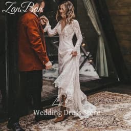 ZanBan Customized Long Sleeves Floral Lace V Neck Boho Wedding Dress Deep V Neck Open Back Modest Rustic Civil Bridal Gown 2025