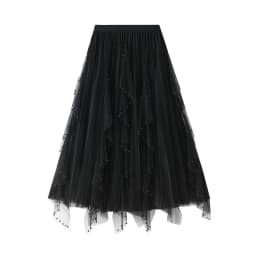 Women's Lotus Leaf Edge A Line Fairy Elastic Waist Tulle Skirt Midi High Waist Mesh Dress Solid Color Irregular Yarn Skirt D8808