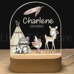 Personalized Baby Birth Night Light Custom Name Animal Elephant Lion with USB Wood Base Lamp for Bedroom Table Rainbow Decor